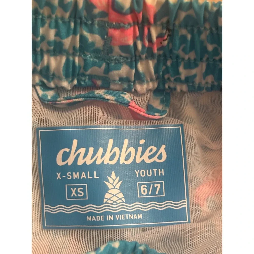 NWOT Chubbies Youth Swim Trunks Blue Pink Flamingo Print Size XS 6/7 Shorts
